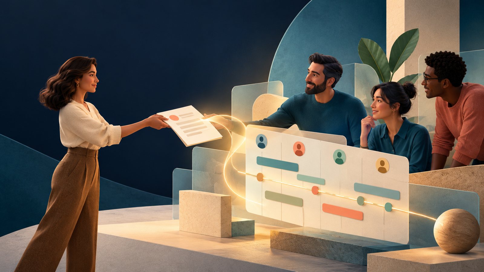 A client hands a project brief to a delivery team beside a connected timeline board.