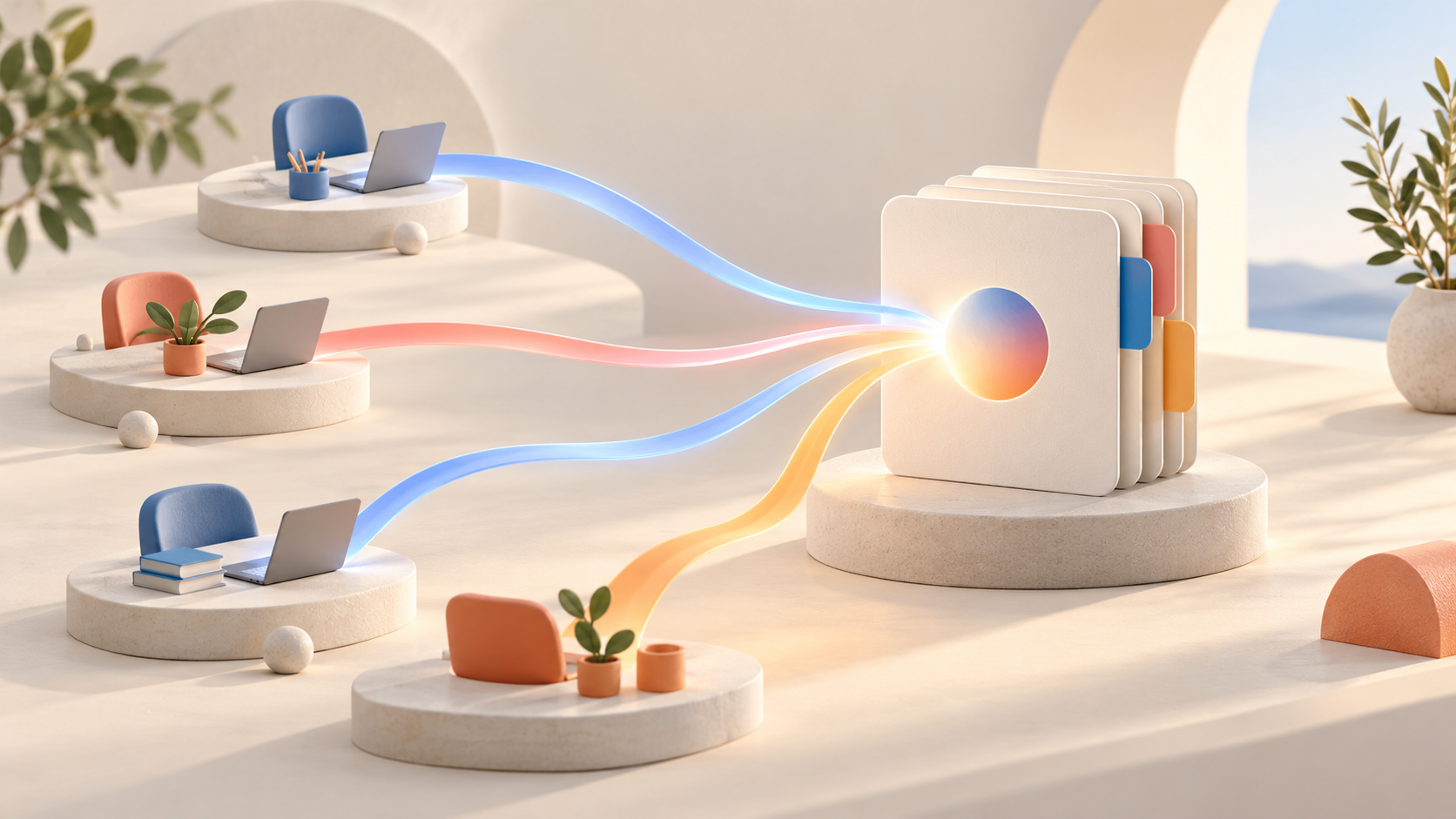 Blue and coral light paths connect separate workstations to one shared project record.