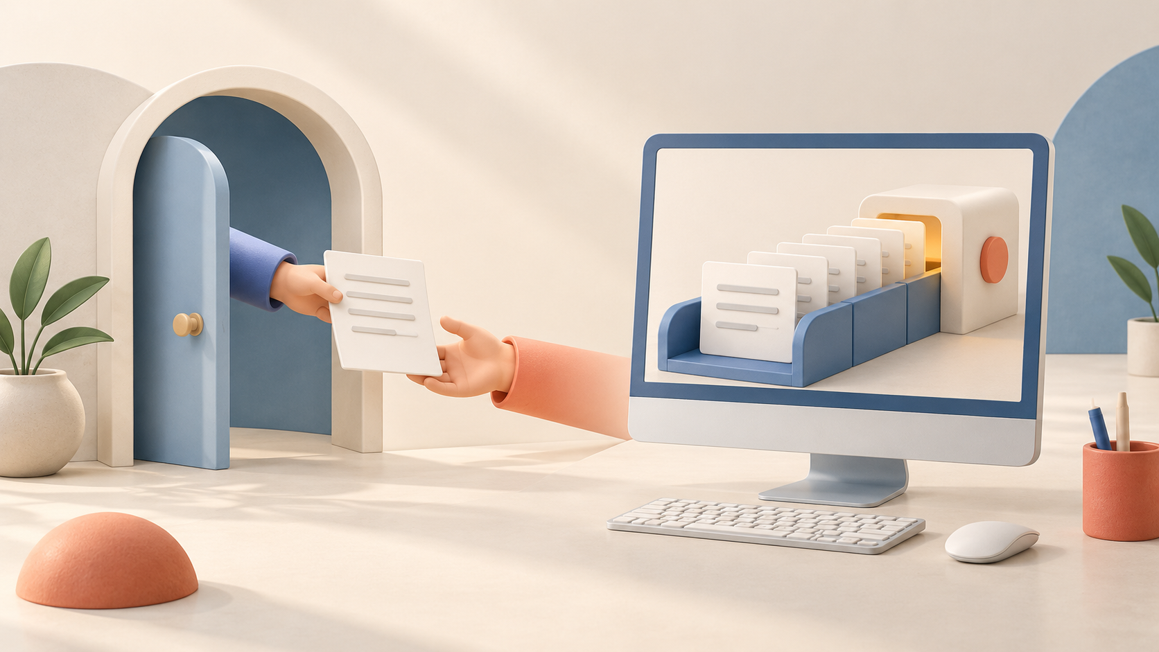 A document passes through a doorway beside a workstation processing a queue.