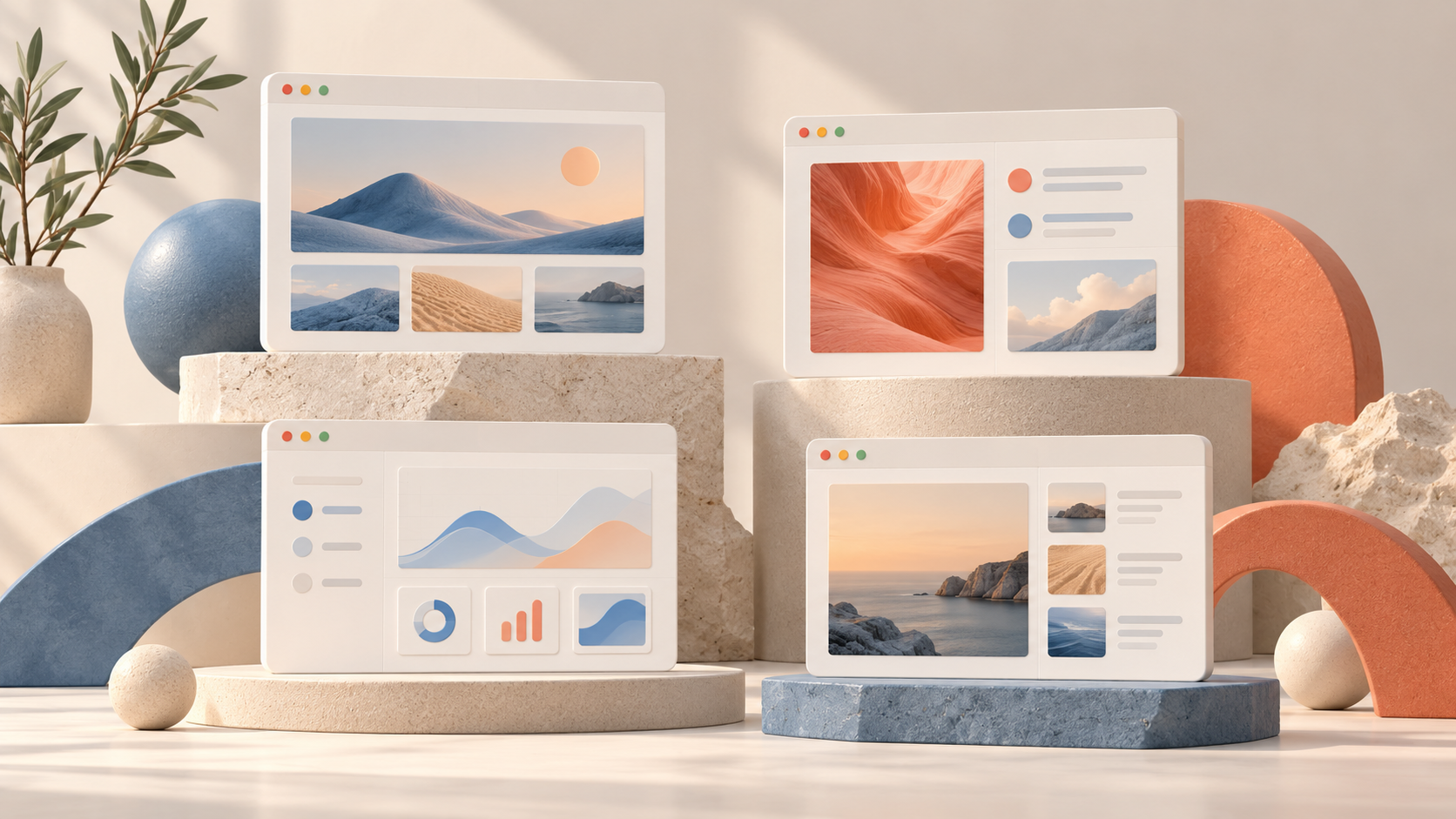 Four unbranded browser-window sculptures arranged on balanced platforms.